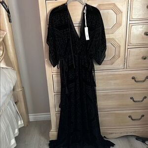 Johnny Was Black Velvet Maxi Dress with V-Neck and Tie Waist